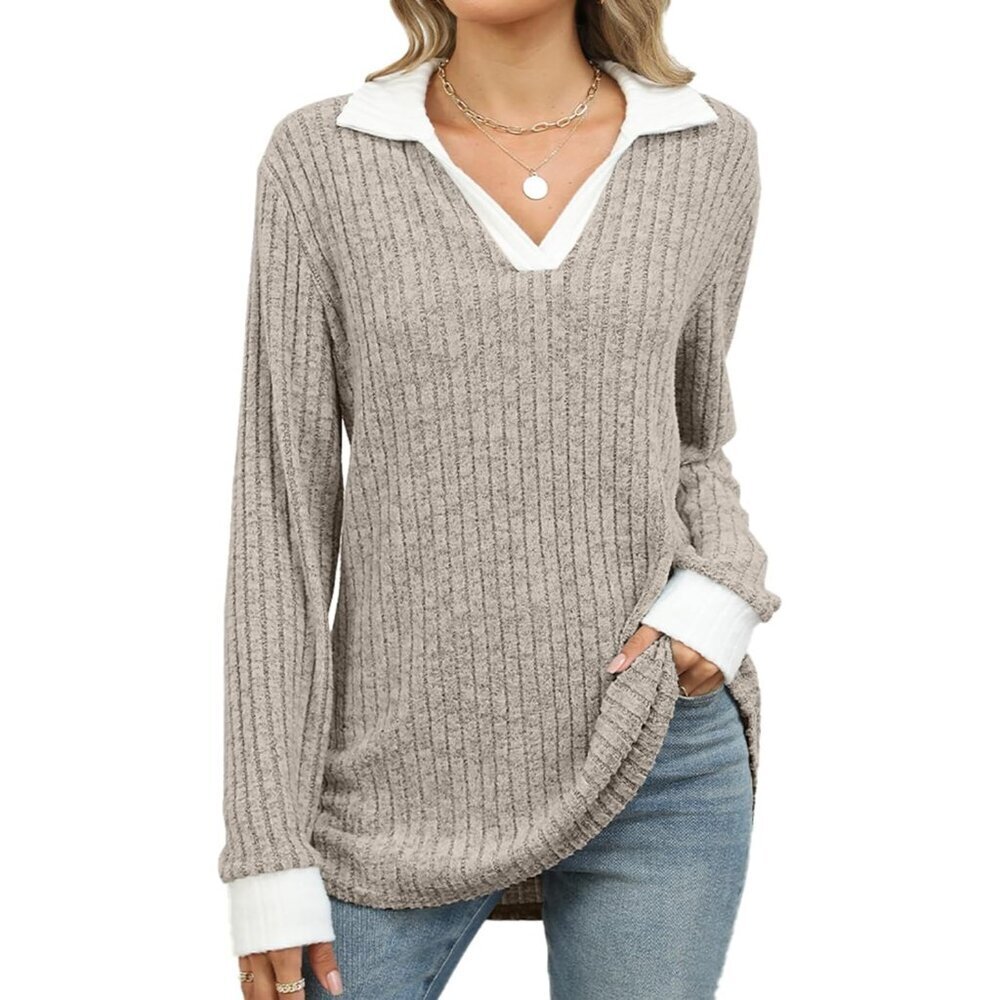Women's Lightweight Ribbed Fall Top Long Sleeve V-Neck Casual Shirt